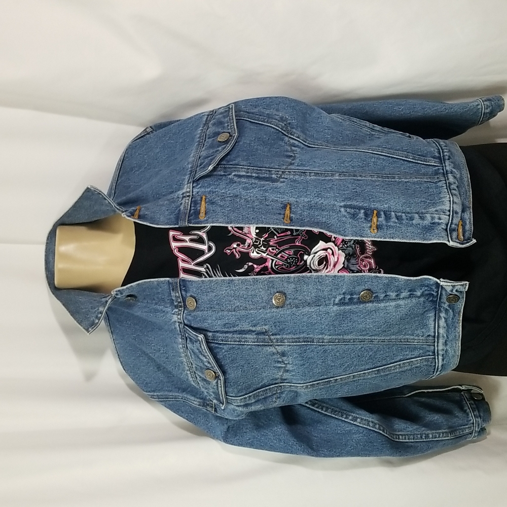 VINTAGE ARIZONA JEAN  JACKET WITH HARLEY DAVIDSON  EMBLEM ON BACK SIZE LGE